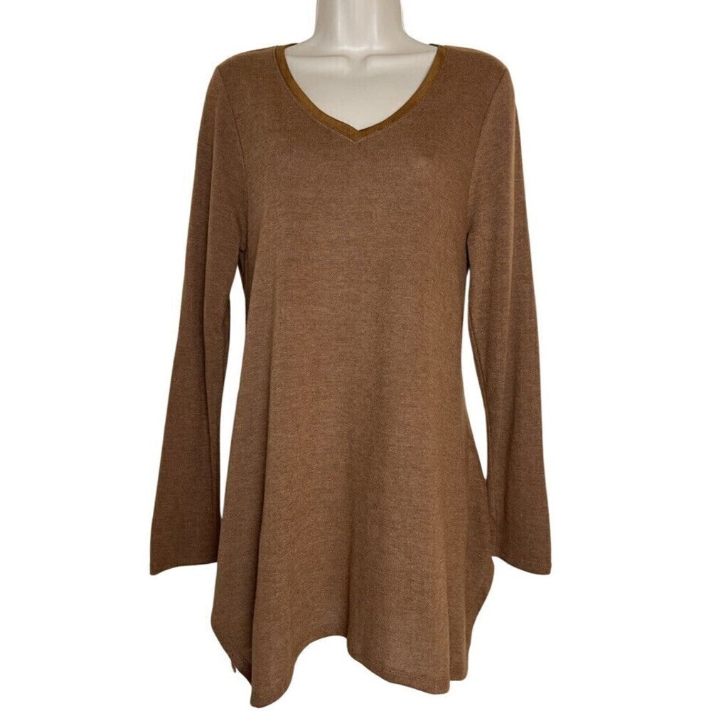 Signature Studio Women's V-Neck Elbow Patch Sweater Top Brown Sharkbite Hem
